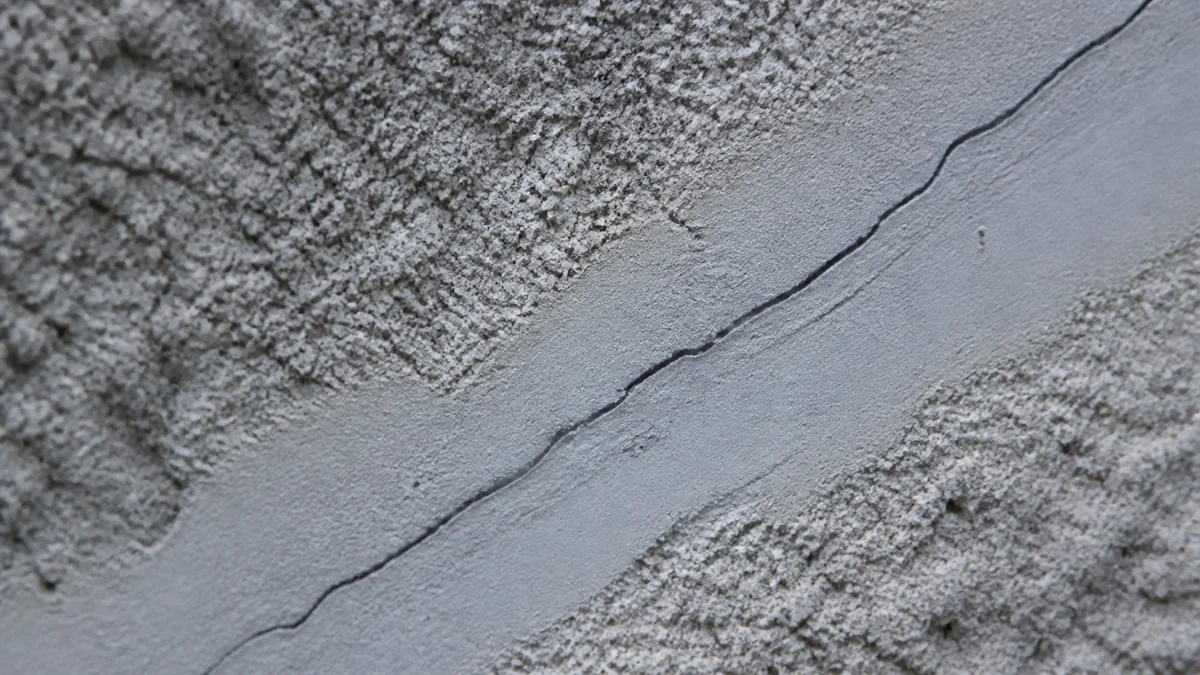 Détail macro d'une façade enduite : ancienne fissure structurelle rebouchée et repeinte, la bande de mastic de teinte légèrement différente formant une cicatrice sur l'enduit, traversée par une fine réouverture sombre, en lumière rasante, sans aucune personne