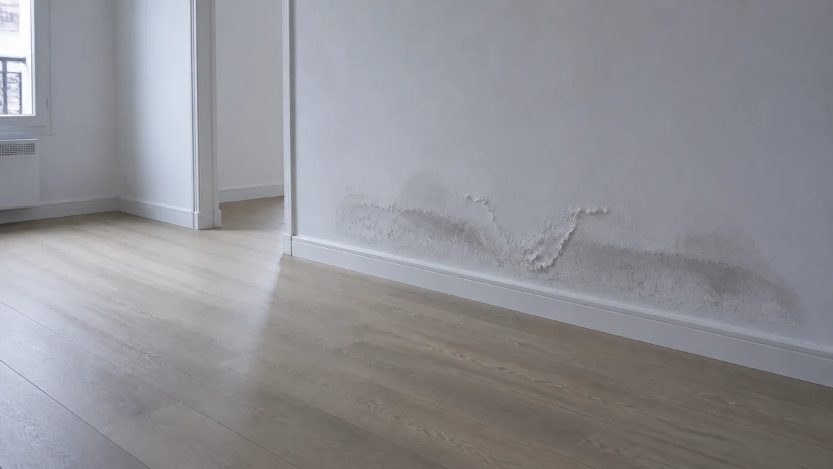 Intérieur d'un appartement fraîchement rénové avec une trace d'humidité qui réapparaît en haut d'un mur