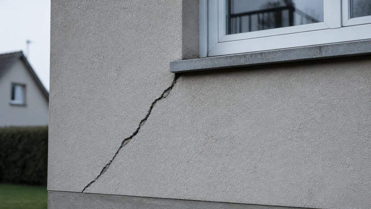 Fissure diagonale traversant l'enduit de façade d'un pavillon francilien, sous l'appui d'une fenêtre