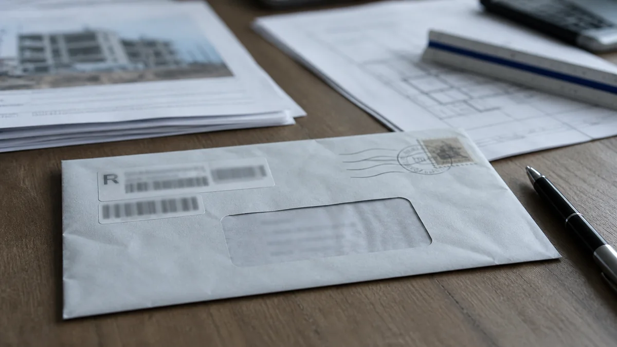 Enveloppe de courrier recommandé avec accusé de réception posée sur un dossier de sinistre construction, aux côtés d'un stylo