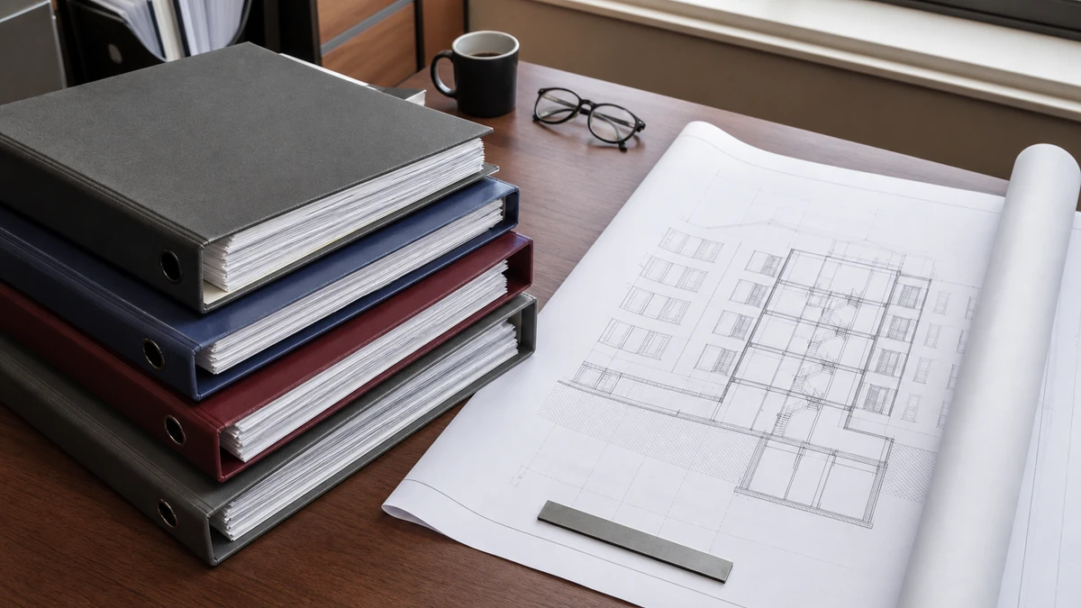 Plusieurs dossiers d'expertise et plans de bâtiment déroulés sur une table de bureau, illustrant le traitement de plusieurs affaires en parallèle