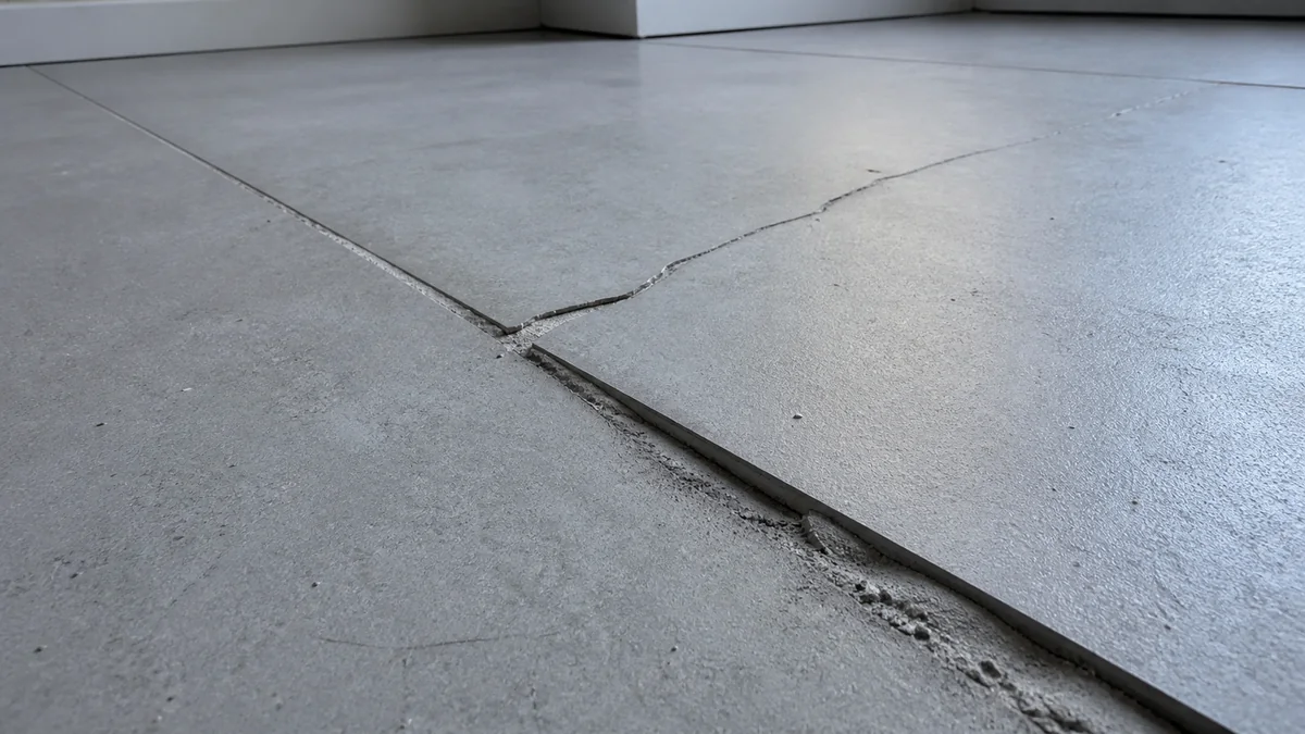 Sol carrelé avec un carreau fissuré et un décalage de hauteur visible entre deux carreaux voisins