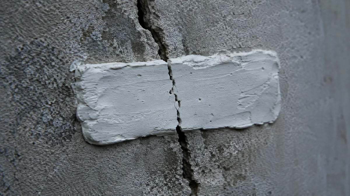 Témoin de plâtre posé en travers d'une fissure de mur intérieur, rompu en son milieu