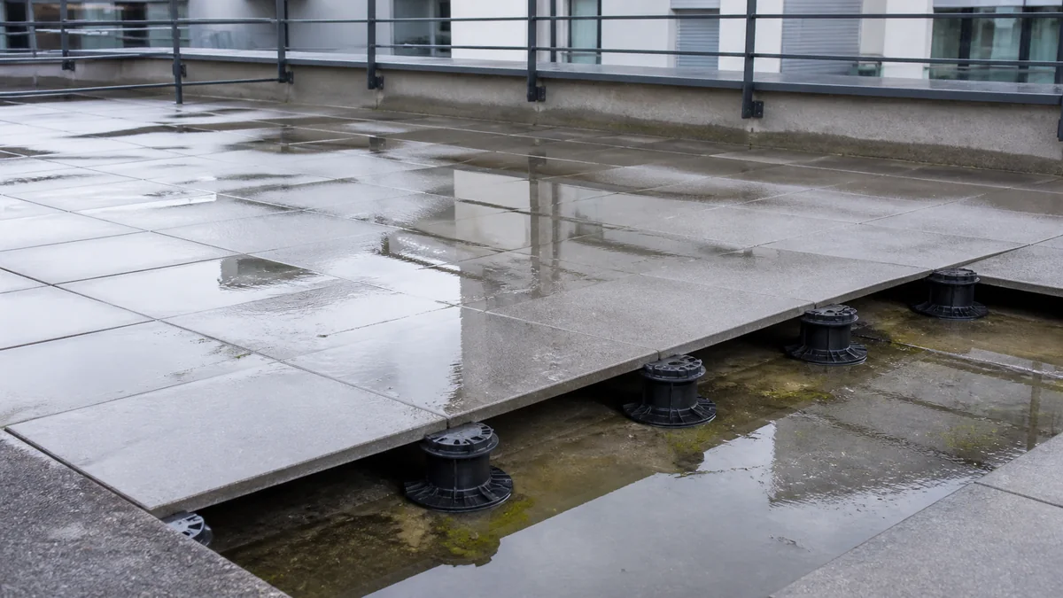 Terrasse d'un immeuble récent en Île-de-France avec des flaques d'eau stagnante entre les dalles sur plots après une pluie, signe d'un défaut d'étanchéité ou de pente