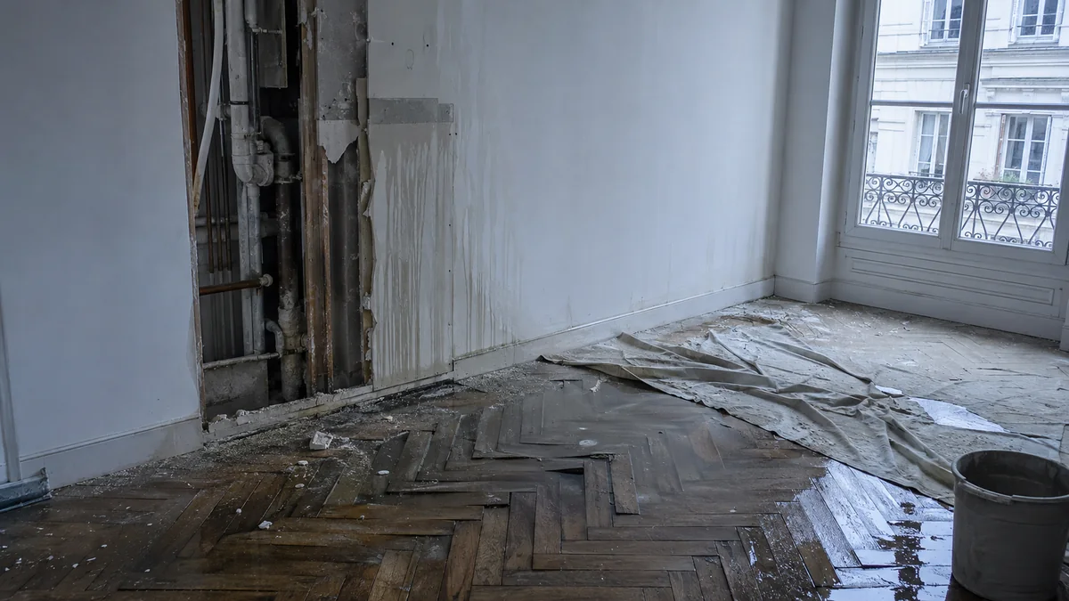 Canalisation encastrée percée lors de travaux, saignée ouverte dans un mur et traces d’eau au sol