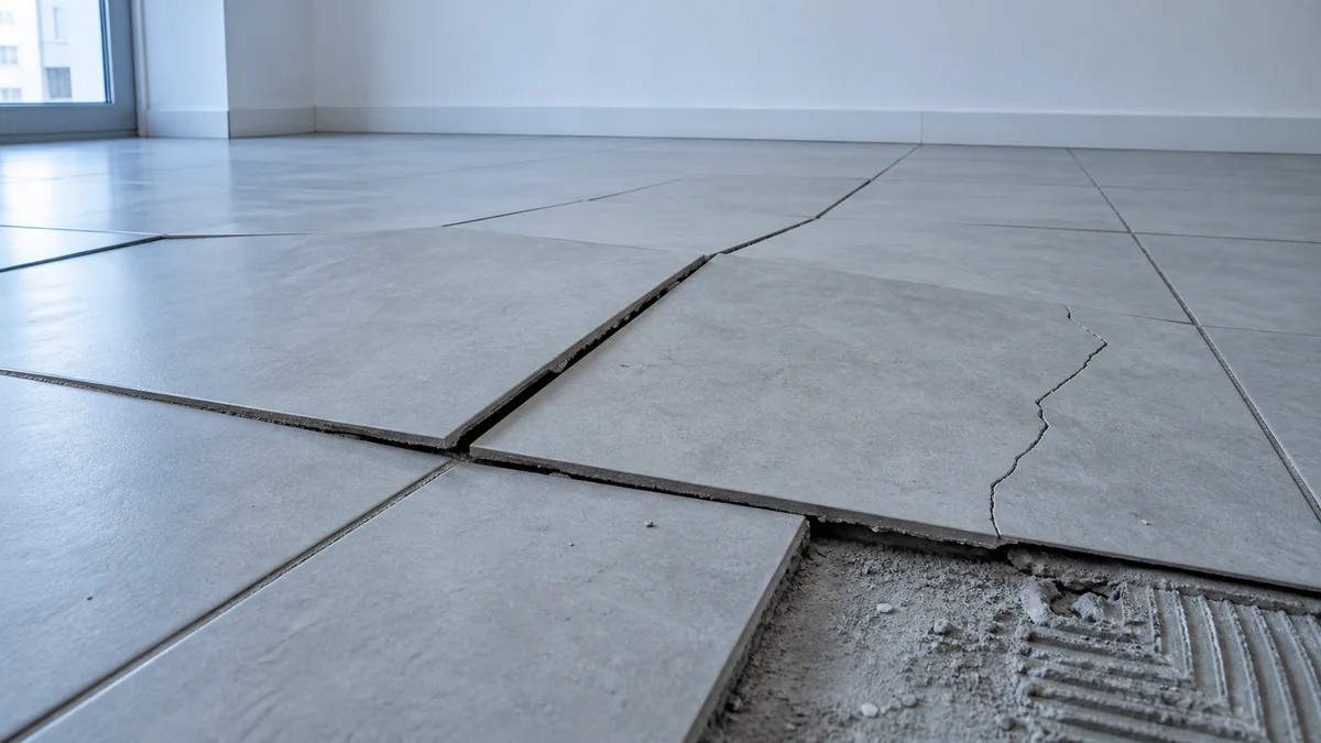 Carrelage intérieur soulevé en tente laissant apparaître la chape sous les carreaux décollés