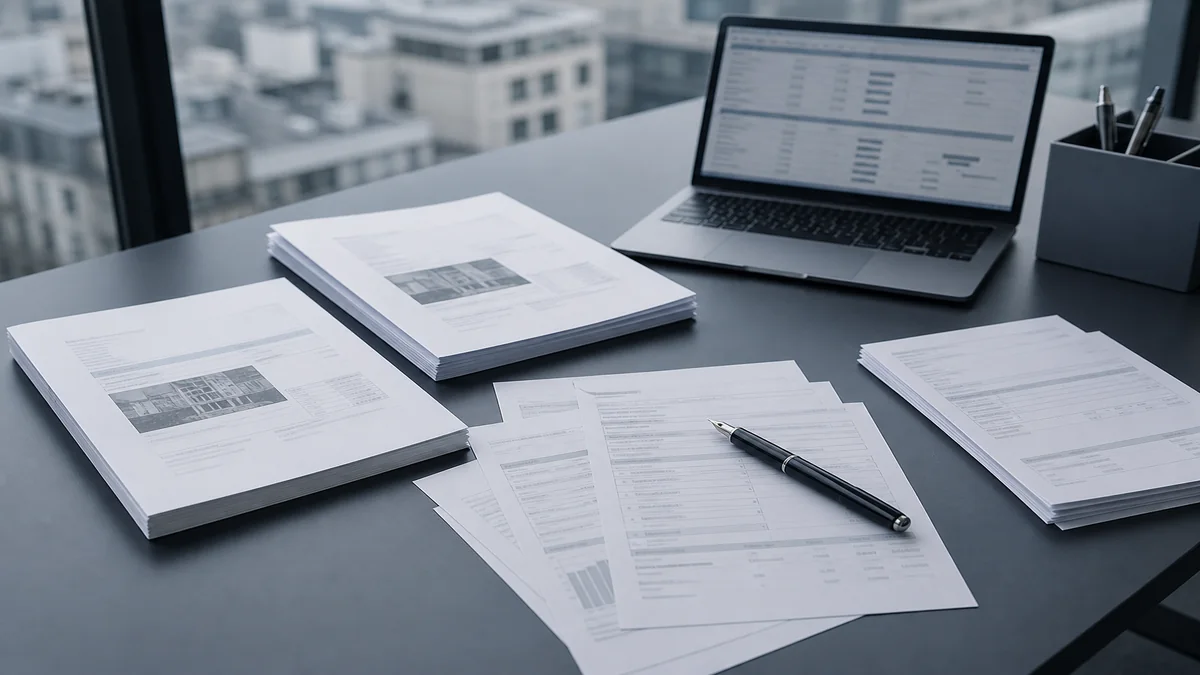 Bureau vu de haut avec plusieurs devis d'expertise imprimés, ordinateur portable affichant un tableau de chiffres, stylo posé sur les documents, lumière froide
