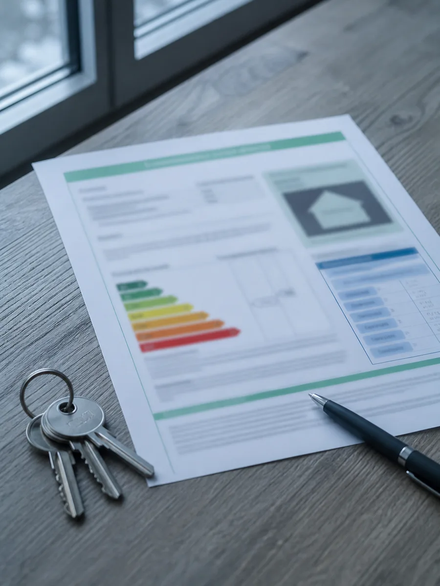 Gros plan sur un certificat de diagnostic de performance énergétique posé sur un bureau, à côté d'un trousseau de clés