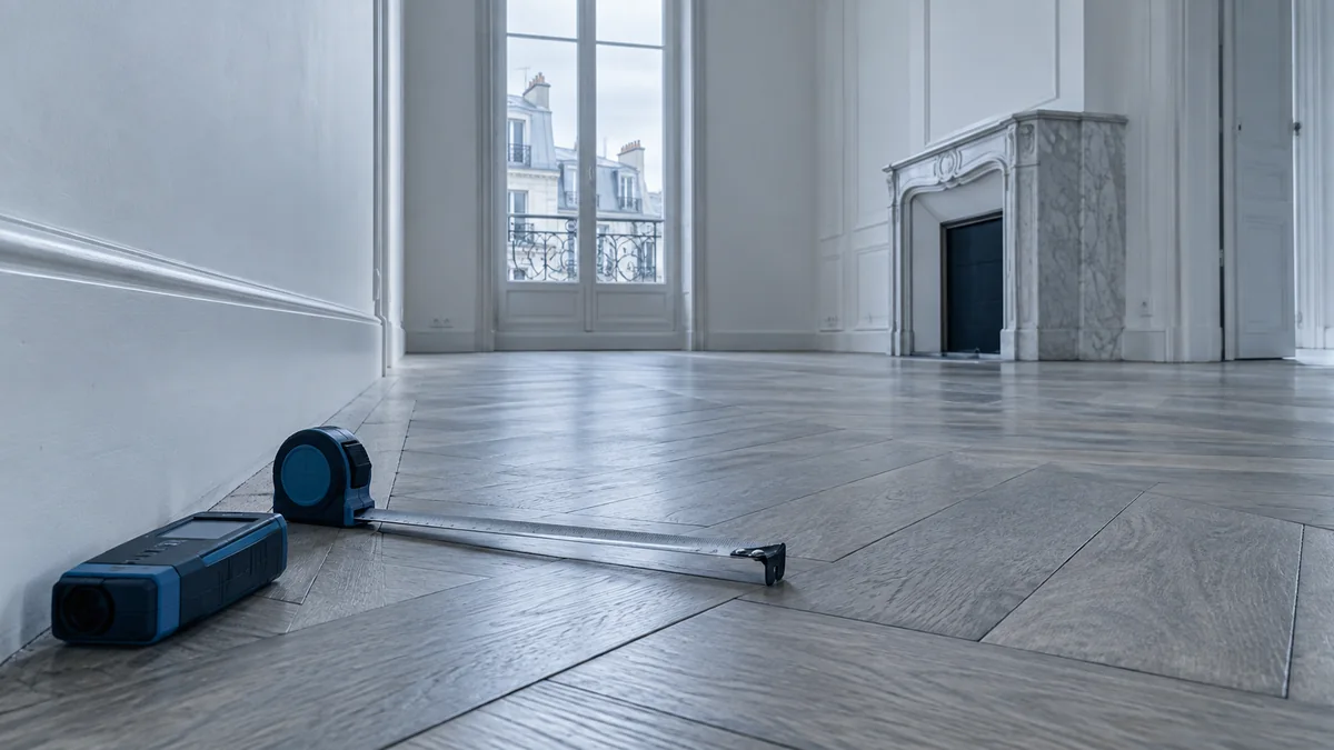 Télémètre laser et mètre ruban posés au sol dans un appartement vide en cours de remesurage