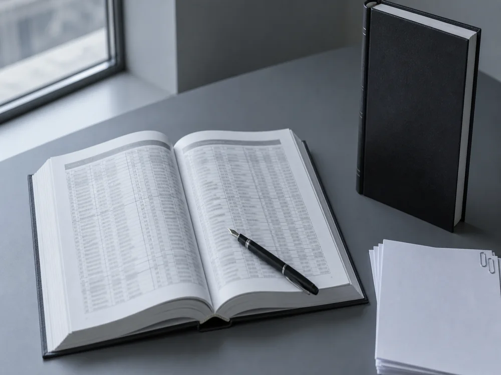 Registre relié d'experts judiciaires ouvert sur un bureau, pages imprimées en colonnes, stylo posé à côté, ambiance documentaire froide