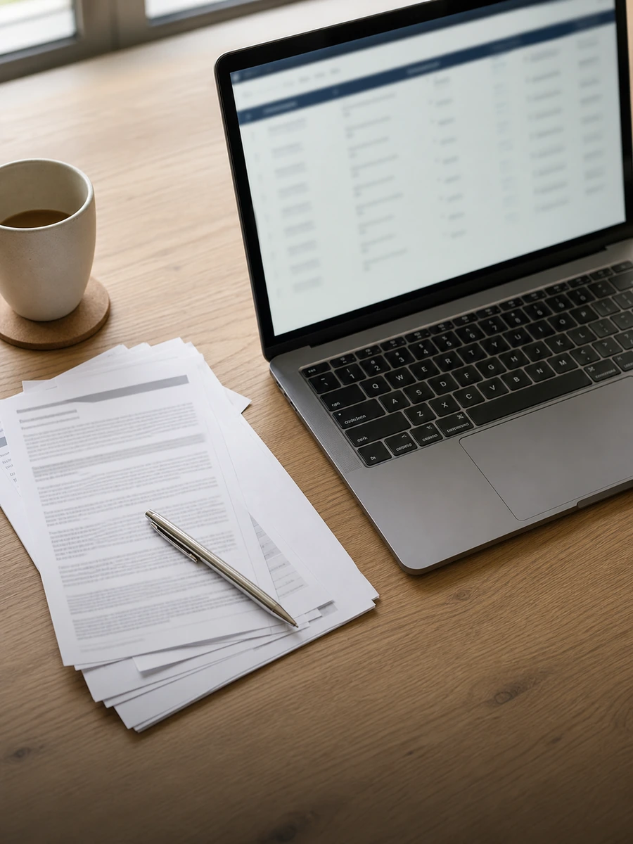Documents d'inscription professionnelle et ordinateur portable sur un bureau, vérification du statut d'un expert en bâtiment agréé