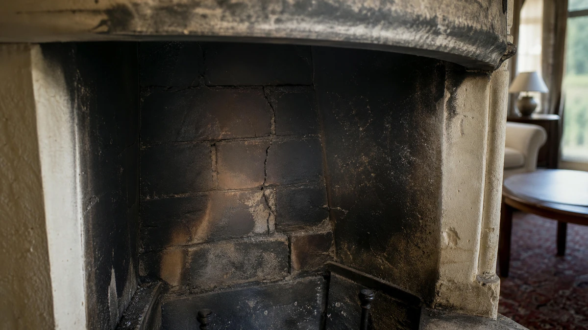 Foyer de cheminée en pierre avec conduit en briques noirci de suie épaisse et fissuré, signe d'un défaut d'entretien ou de fumisterie