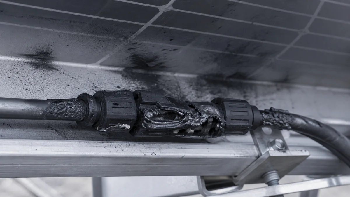 Connecteur à courant continu (type MC4) surchauffé et carbonisé sur le rail de fixation d'une installation photovoltaïque, boîtier plastique fondu et isolant du câble noirci, relevé après incident, sans aucune personne