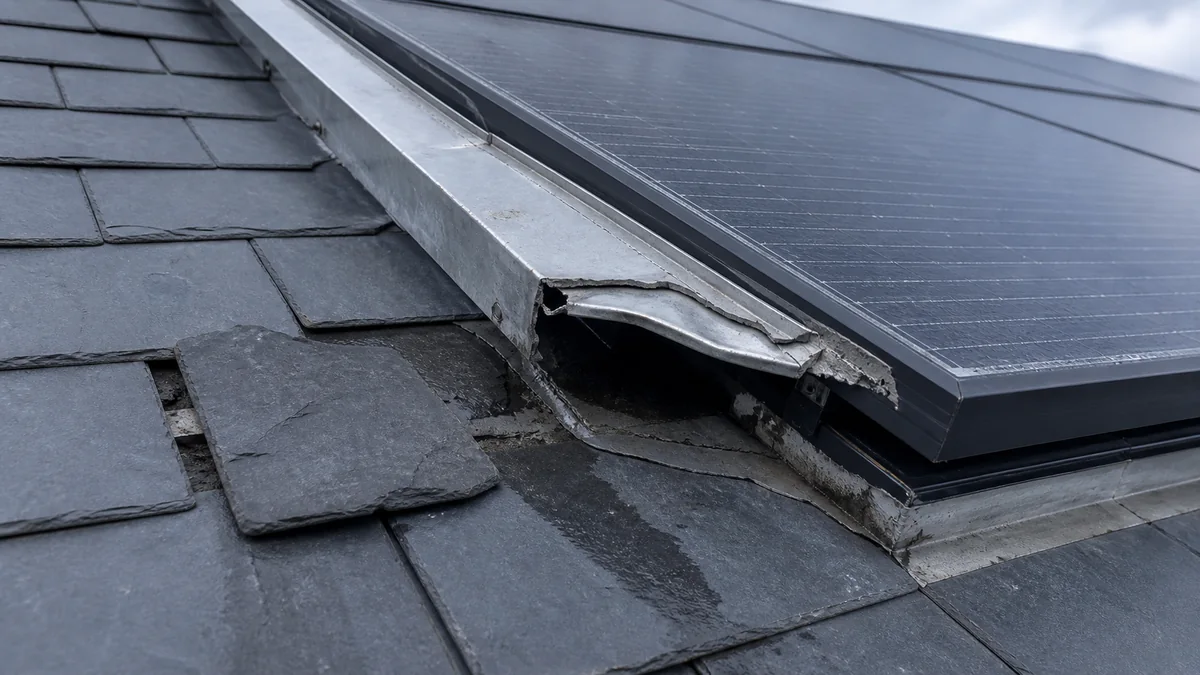 Constat d'expertise sur une toiture photovoltaïque en pose intégrée : solin d'étanchéité soulevé et fissuré en rive de panneaux, joint défaillant et tuile déplacée laissant un passage à l'eau, sans aucune personne