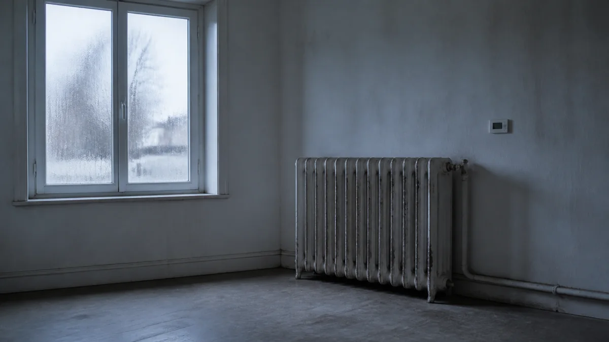 Pièce d'habitation vide et froide : ancien radiateur en fonte à colonnes le long d'un mur, tuyauterie apparente, condensation et buée épaisse sur la fenêtre à double battant, lumière d'hiver grise