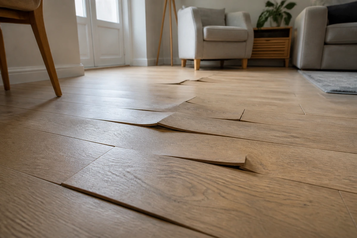 Lames de parquet en bois gondolées et soulevées par un dégât des eaux dans une pièce d’habitation meublée, sans aucune personne