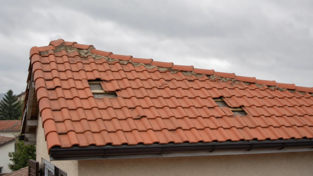 Toiture en tuiles récemment refaite présentant des tuiles décalées et mal alignées et un faîtage grossièrement scellé, défaut de pose visible, ciel gris, aucune personne dans le cadre