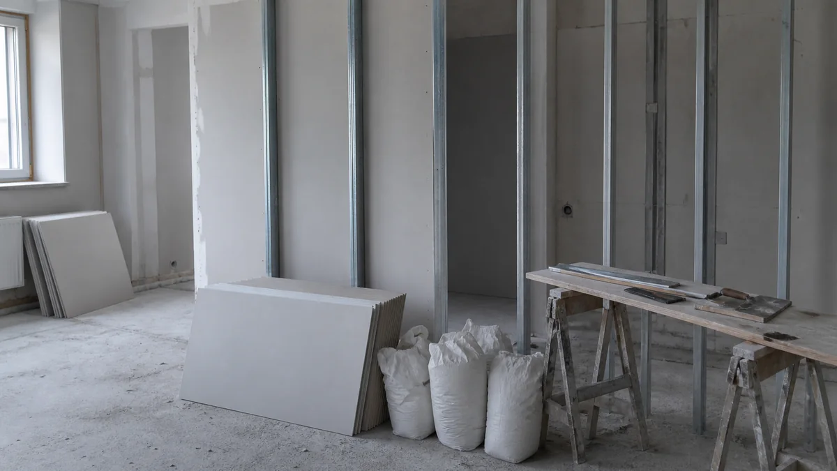 Chantier de rénovation laissé à l'arrêt, outils rangés contre un mur inachevé et bâche de protection au sol