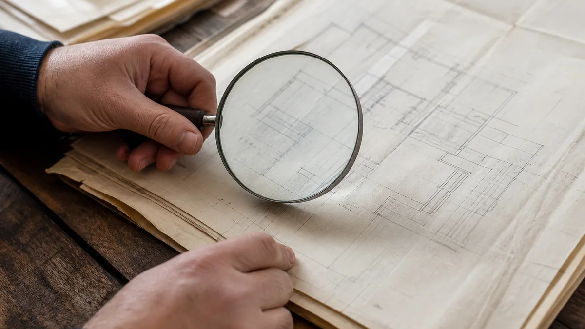 Mains tenant une loupe au-dessus d'un ancien plan de construction, examen d'un dossier technique du bâtiment
