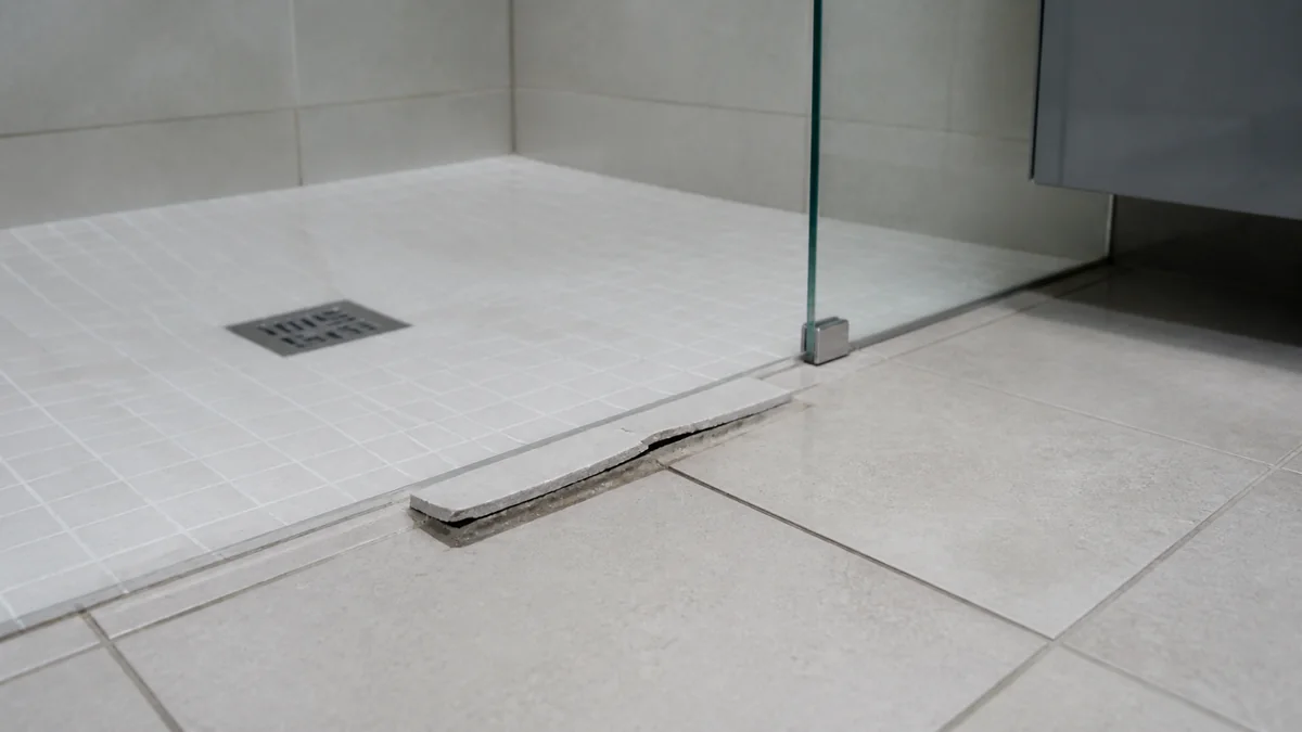 Carrelage de salle de bain descellé au pied d'une douche à l'italienne, laissant apparaître un joint noirci et une infiltration d'eau sous les carreaux