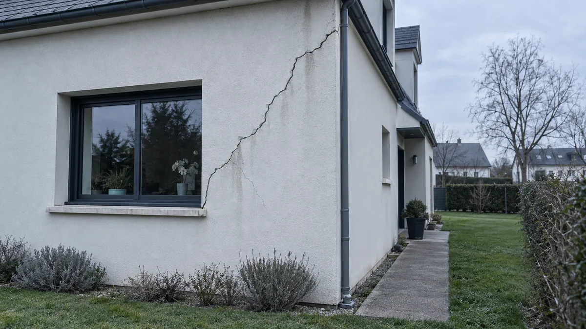 Fissure structurelle traversant l’angle enduit d’une maison d’une quinzaine d’années