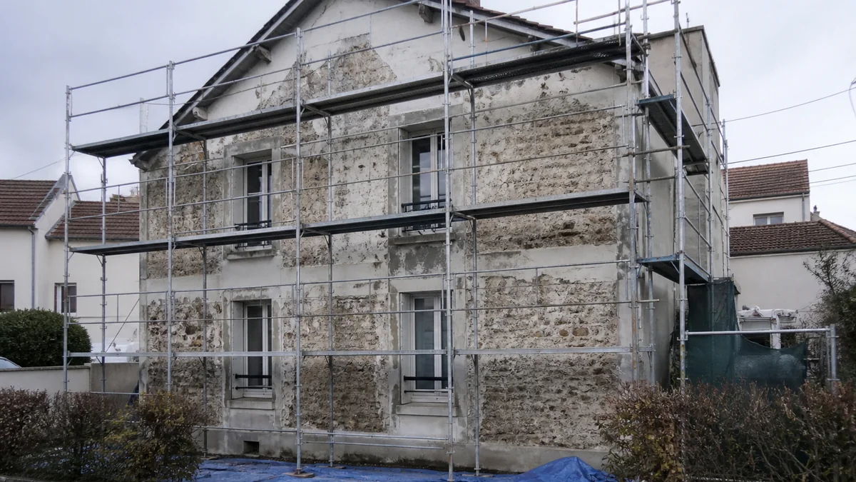 Façade d'une maison individuelle en cours de ravalement, échafaudage métallique complet, ancien enduit piqué