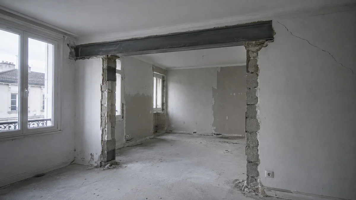 Ouverture pratiquée dans un mur porteur avec poutrelle acier apparente et fissure partant de l'angle supérieur du percement