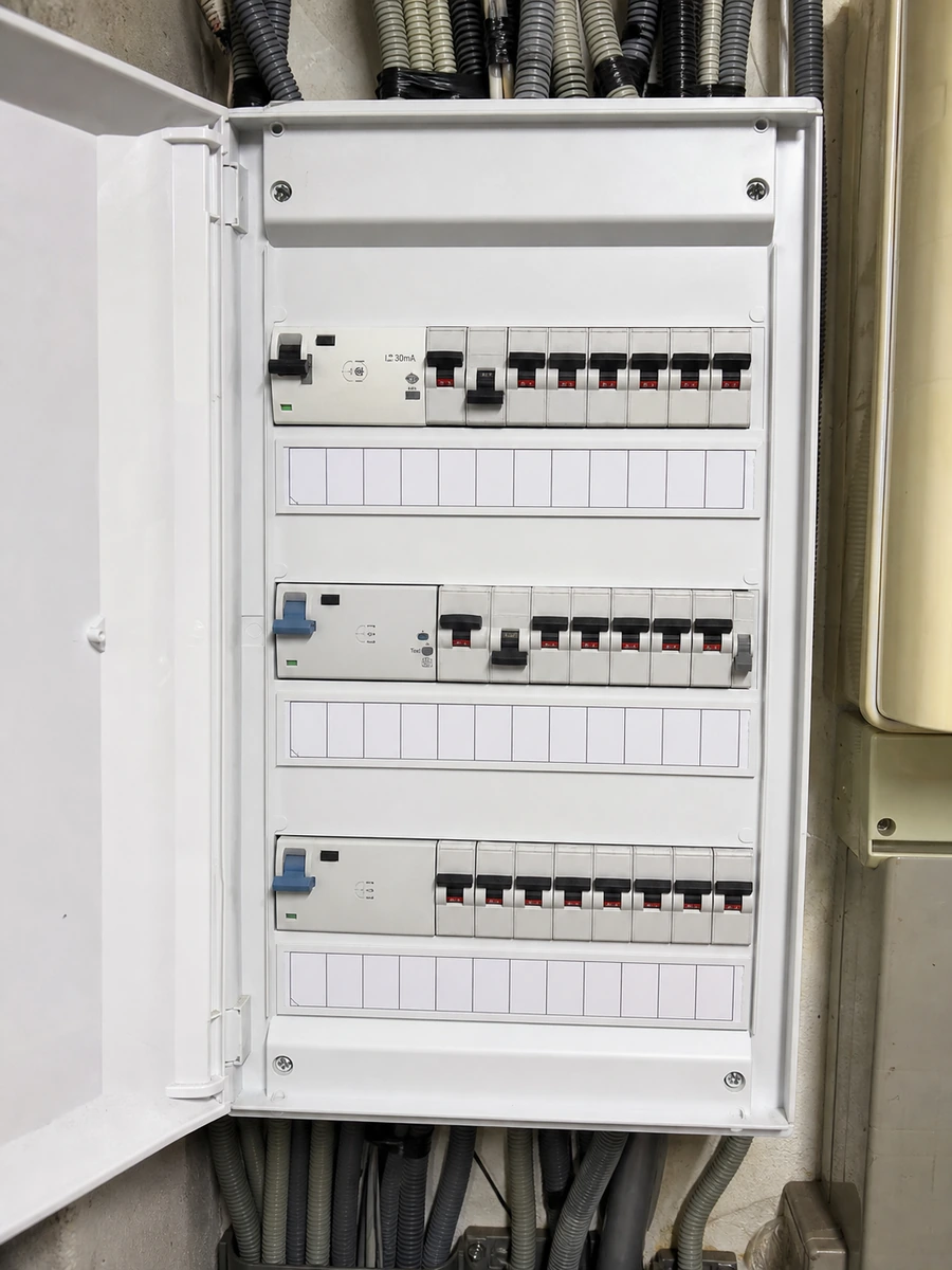 Tableau électrique de logement ouvert, avec disjoncteurs et câblage apparent