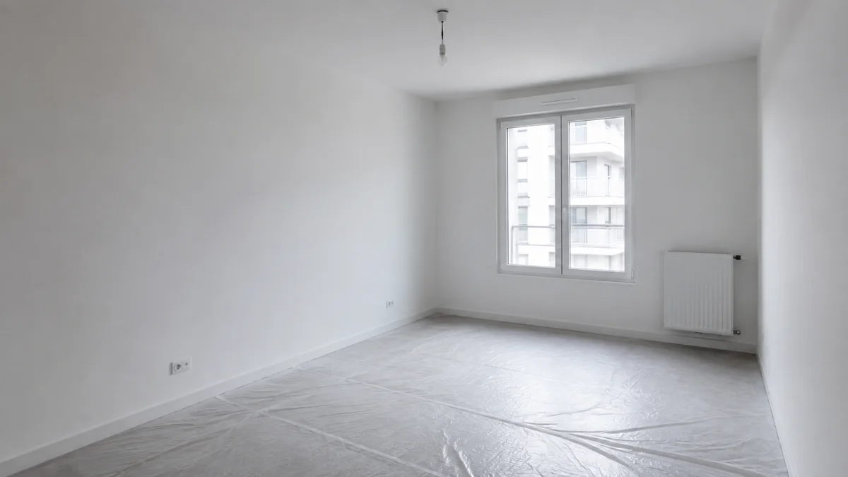 Pièce fraîchement rénovée et vide en fin de chantier, avec quelques finitions restant à reprendre