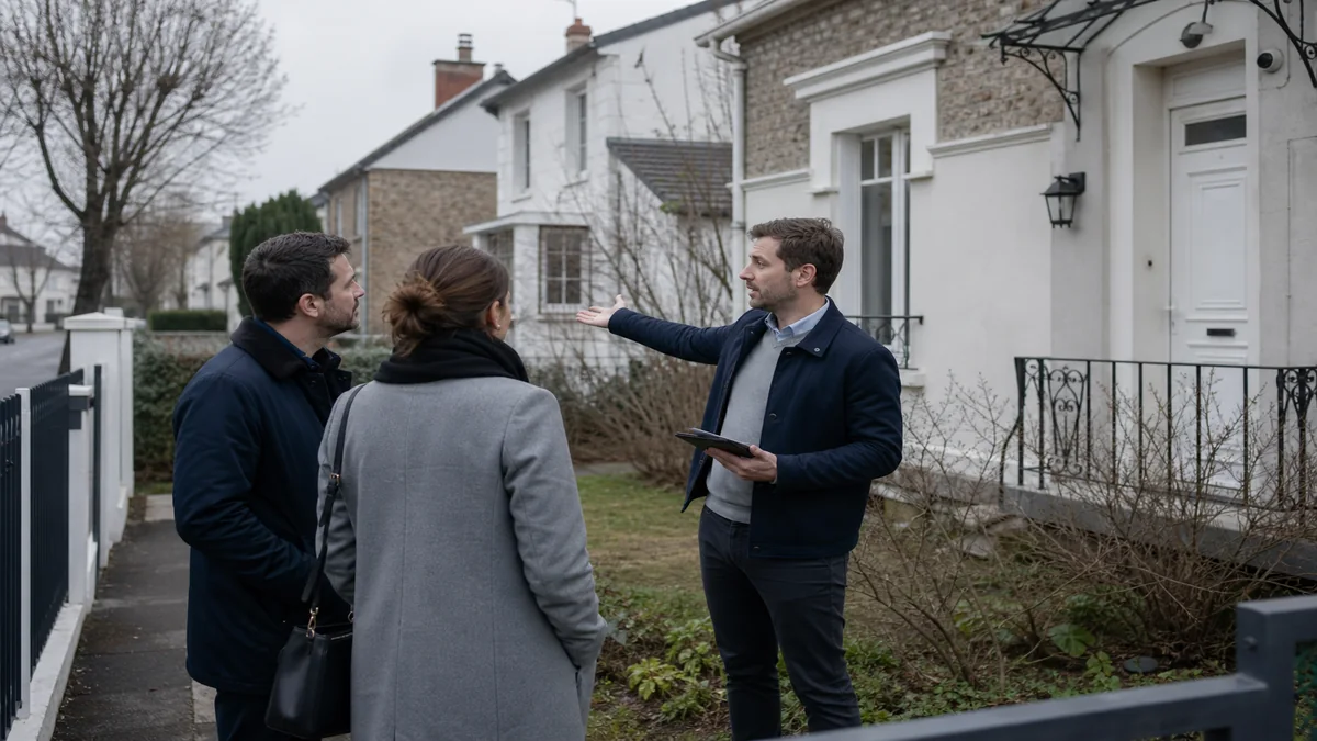 Agent immobilier présentant une maison individuelle à des visiteurs devant l'entrée, quartier pavillonnaire d'Île-de-France