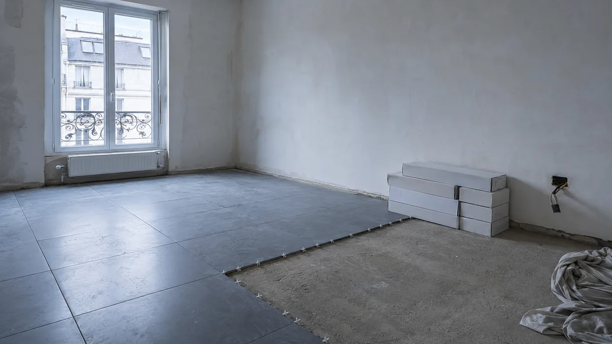 Séjour d’appartement parisien en fin de chantier avec un carrelage posé à moitié et des cartons de matériaux restants