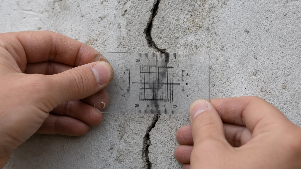 Fissuromètre transparent gradué posé sur une fissure de mur extérieur en béton, mains le maintenant en place pour la mesure