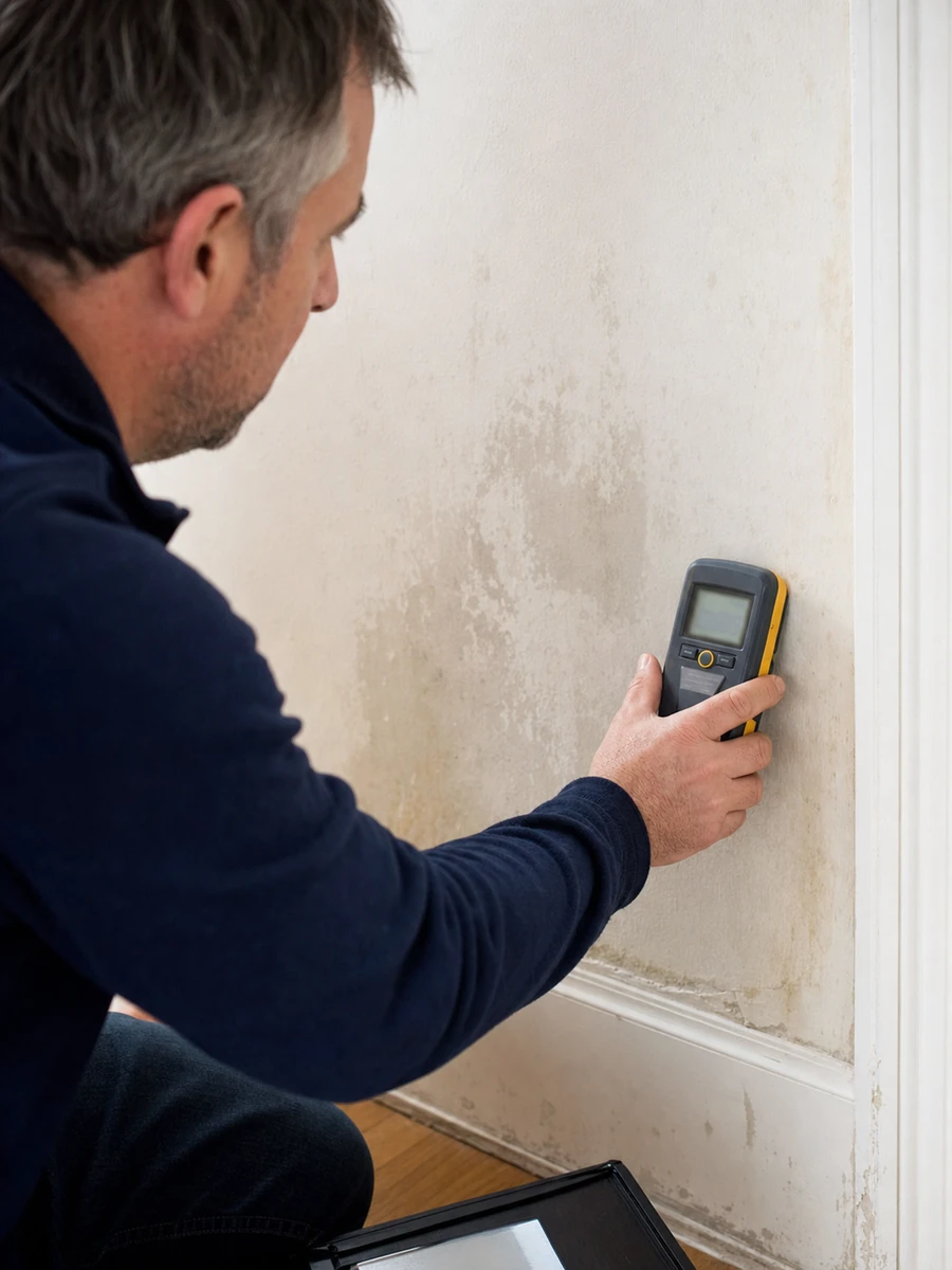 Un professionnel applique un humidimètre contre un mur intérieur pour mesurer un taux d'humidité anormal