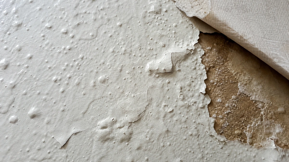 Gros plan sur de la peinture cloquée et un papier peint qui se décolle sous l'effet de l'humidité, texture visible, sans aucune personne dans le cadre