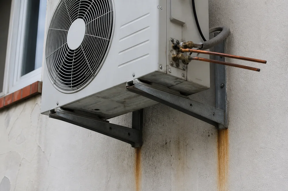 Unité extérieure de climatisation fixée sur un mur, tuyauterie frigorifique laissée apparente sans gaine de protection