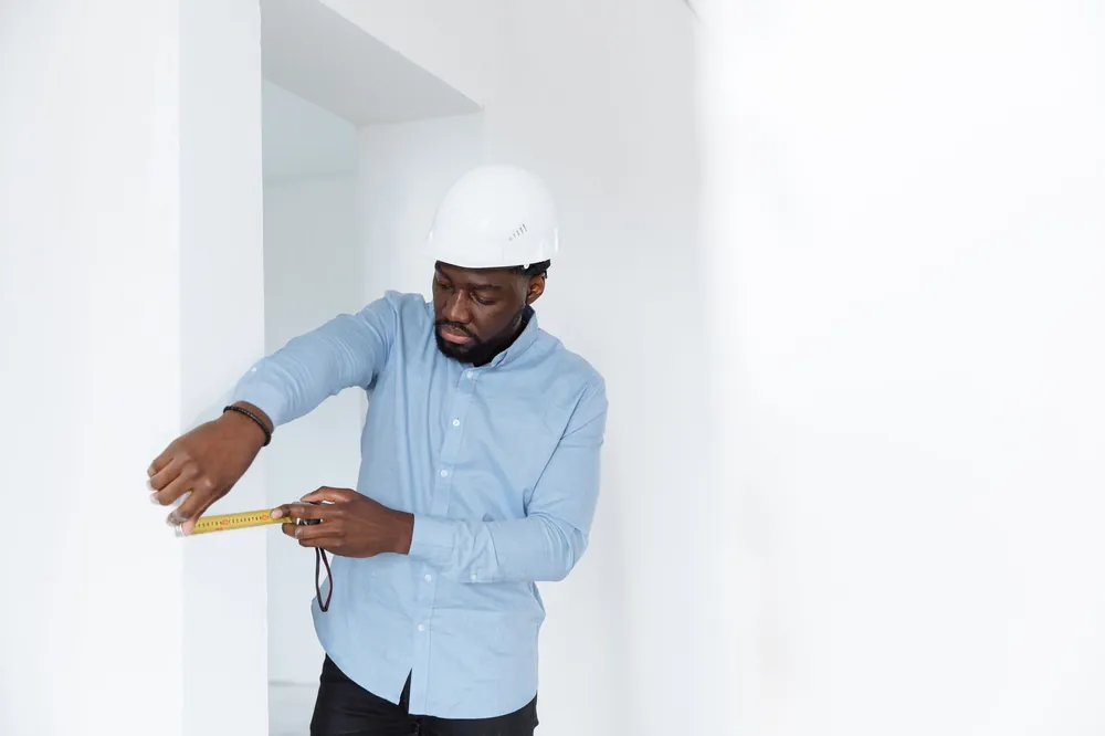 Expert en bâtiment mesurant un mur au mètre laser lors d'une contre-expertise assurance habitation