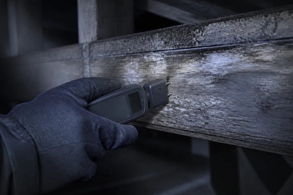 Technicien utilisant un humidimètre à pointes sur une poutre en bois pour mesurer le taux d'humidité, en combinaison de protection