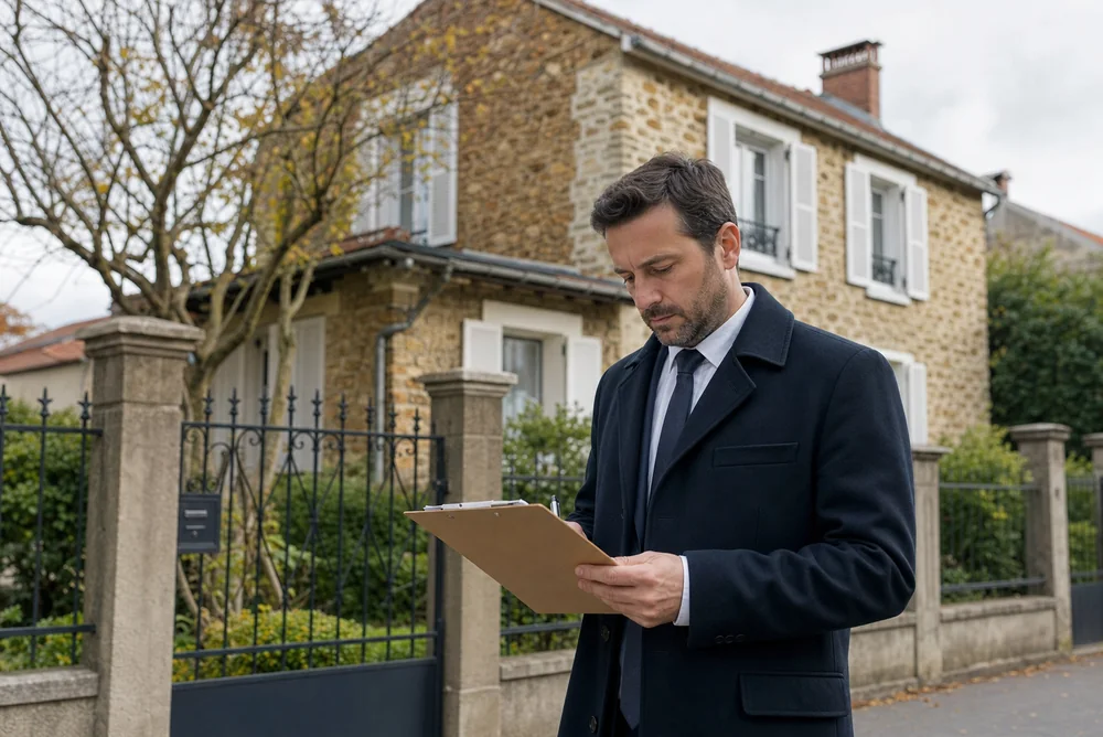 Agent immobilier consultant un dossier devant une maison à vendre, étape de vérification avant l'achat